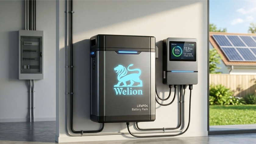 A professional 4K realistic rendering of a modern Welion Solar LiFePO4 battery pack installed in a garage, featuring the blue lion logo. The background shows a sunny house with rooftop solar panels, symbolizing renewable energy storage and capacity