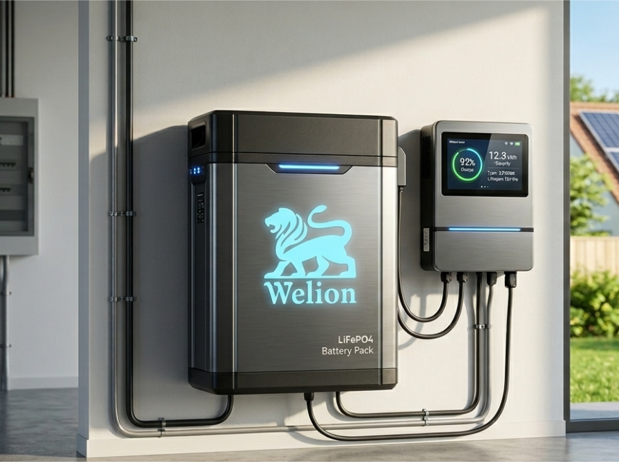 A professional 4K realistic rendering of a modern Welion Solar LiFePO4 battery pack installed in a garage, featuring the blue lion logo. The background shows a sunny house with rooftop solar panels, symbolizing renewable energy storage and capacity