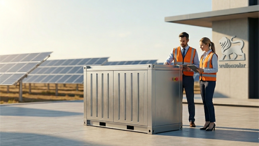 A large, silver industrial solar battery unit takes center stage, being inspected by two people. Solar panels fill the background. The wall of the adjacent modern building features a prominent lion logo and 'welionsolar' text.