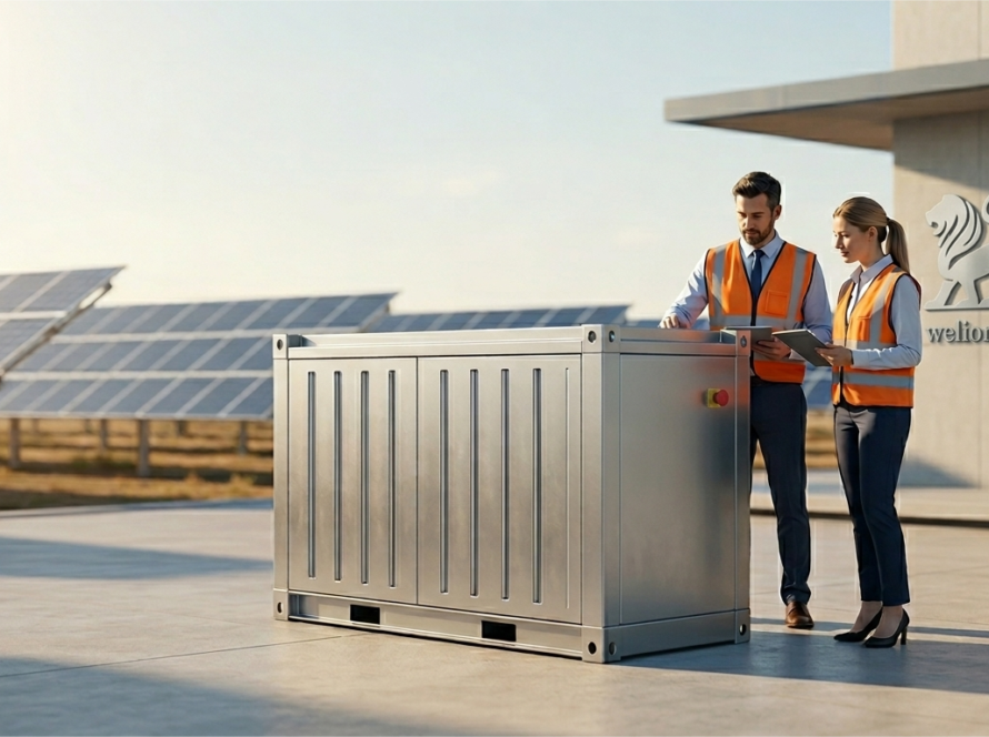 A large, silver industrial solar battery unit takes center stage, being inspected by two people. Solar panels fill the background. The wall of the adjacent modern building features a prominent lion logo and 'welionsolar' text.