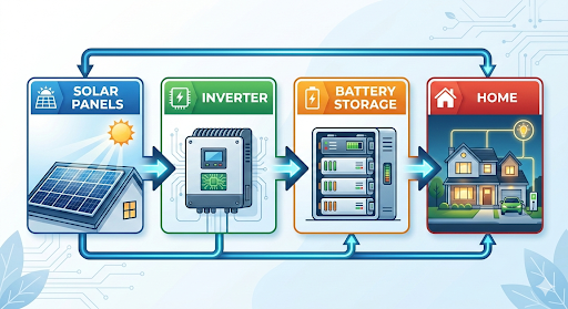 Solar energy flow chart: Photovoltaic panels capturing sunlight, inverter converting current, battery unit storing energy, and a modern home using clean power.