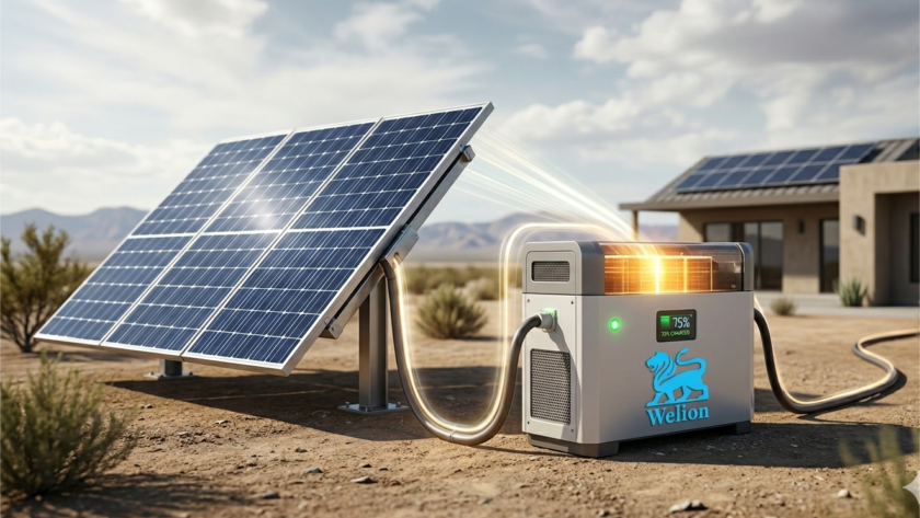 A realistic 3D visualization of a modern solar power battery storage unit branded with the Welion lion logo, connected to solar panels under bright sunlight, demonstrating home electricity storage