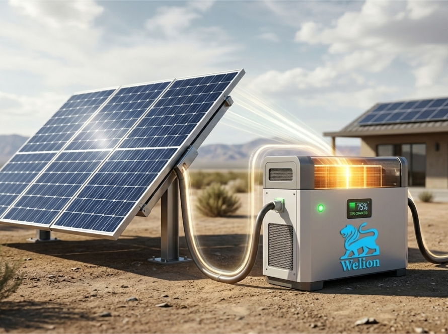 A realistic 3D visualization of a modern solar power battery storage unit branded with the Welion lion logo, connected to solar panels under bright sunlight, demonstrating home electricity storage