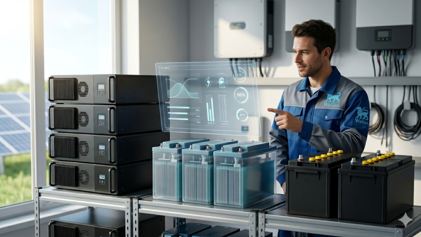 A professional comparison of solar battery types including Lithium, Gel, and Lead-Acid, featuring Welion Solar branding and a technician using a digital monitoring interface