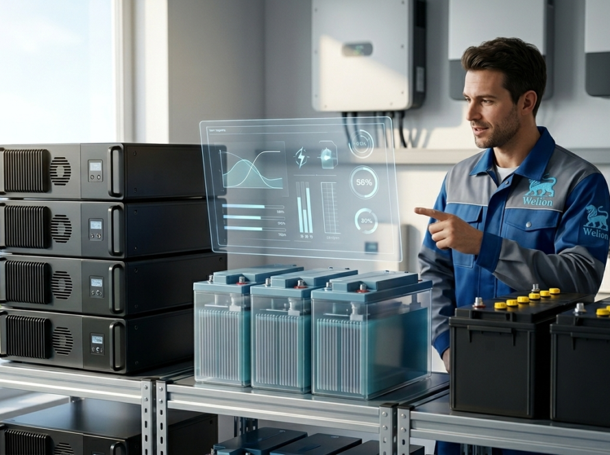 A professional comparison of solar battery types including Lithium, Gel, and Lead-Acid, featuring Welion Solar branding and a technician using a digital monitoring interface