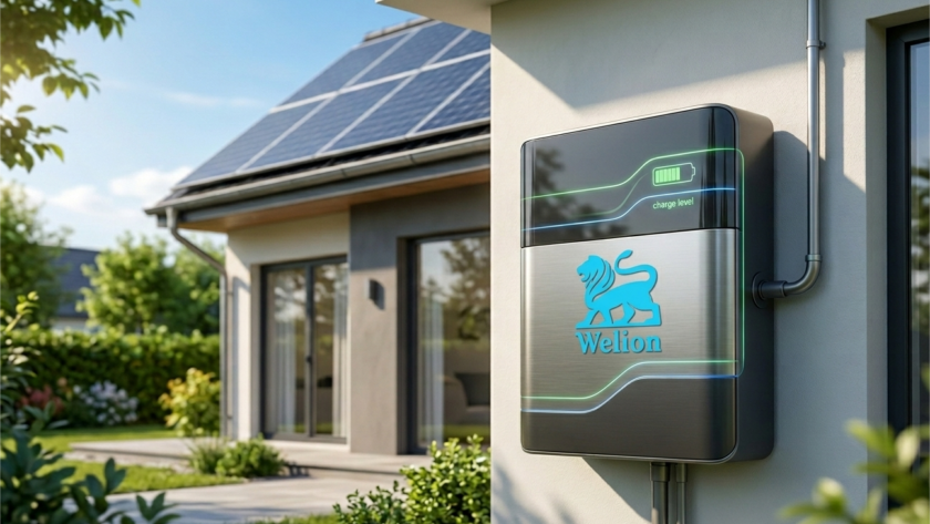 High-efficiency Welion solar battery storage system installed on a modern house wall with solar panels in the background, professional 4K realistic style.
