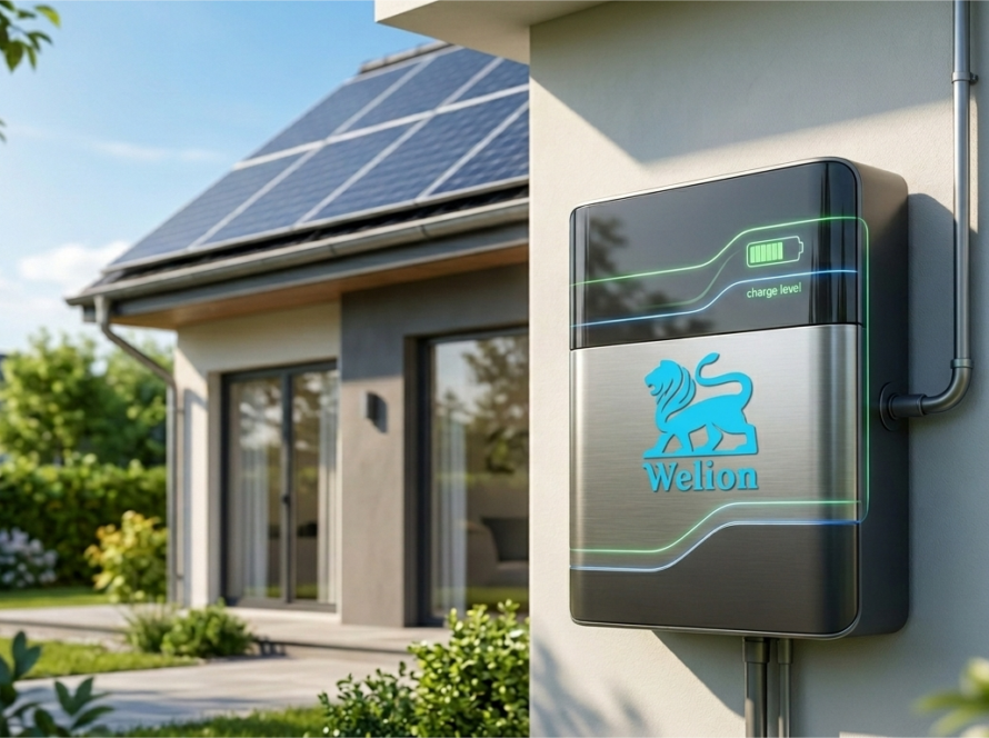 High-efficiency Welion solar battery storage system installed on a modern house wall with solar panels in the background, professional 4K realistic style.
