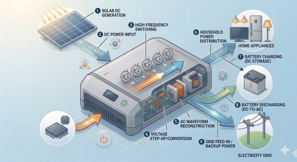 This diagram illustrates a solar energy conversion system, where solar panels produce direct current (DC) which is fed into an electronic device (inverter/converter). Inside the device, high-frequency switching takes place, the voltage is stepped up, and the waveform is reshaped into alternating current (AC). The energy is then distributed to household appliances, stored in a battery, or fed back into the electrical grid.